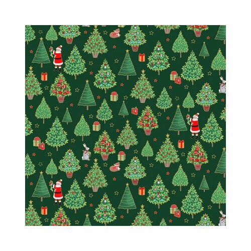 *REMNANT 95cm* Makower UK, Merry Christmas, Christmas Trees Green Metallic