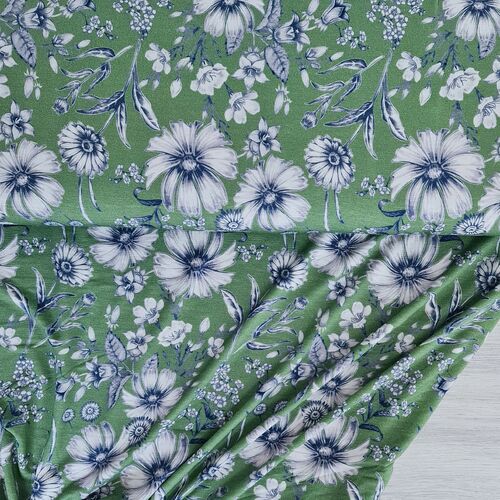 European Viscose Jersey Knit, Flowers Green