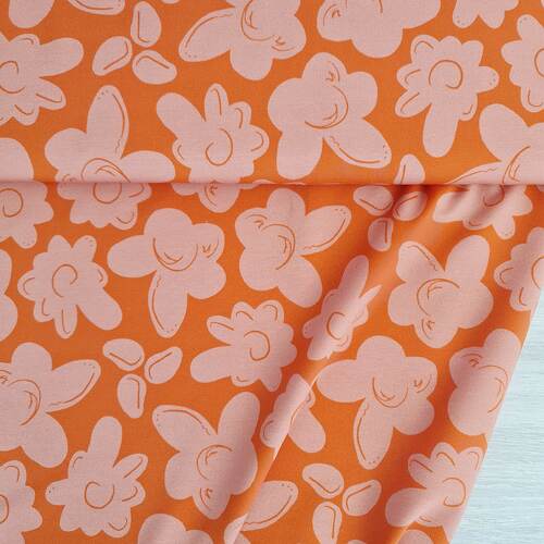 *REMNANT 36cm* European Modal Blend French Terry Knit, Flowers Orange