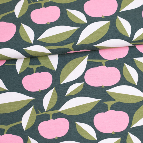 *REMNANT 53cm* PaaPii Design, GOTS Organic Jersey, Apple Joy Light Pink Dark Green Fen