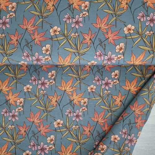 European Modal Blend French Terry Knit, Autumn Flowers Steel Teal