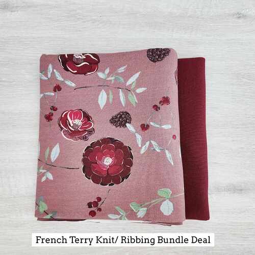 *BUNDLE 2 PIECE DEAL* European Modal Blend French Terry Knit, Chrysanthemum Dark Rose & Burgundy Ribbing