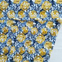 European Knit, Oeko-Tex French Terry, Geometric Roses Blue Grey/Light Ochre