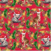 KK Fabrics, Unalloyed Aussie Christmas, Kangaroo & Koala Red