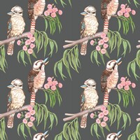 KK Fabrics, Forest Wonders, Kookaburra with Blossoms Grey