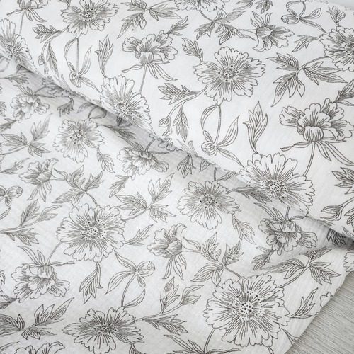 *REMNANT 106cm* European Double Gauze, Oeko-Tex, Stenciled Flowers White