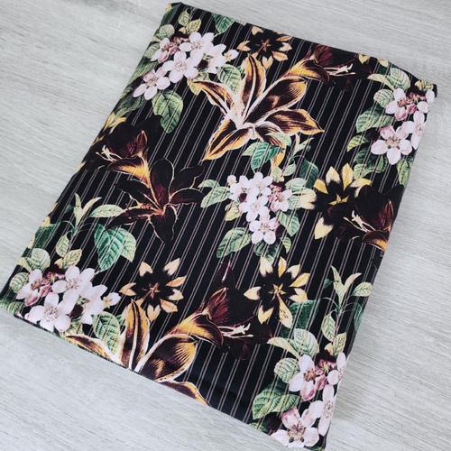 *REMNANT 154cm* European Cotton Sateen, Oeko-Tex, Lily Flowers on Black Striped