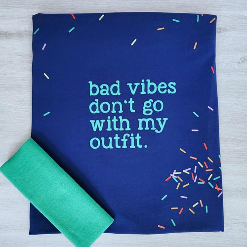 *2 PIECE BUNDLE DEAL* European Cotton Elastane Jersey, Oeko Tex,  No Bad Vibes Panel 100cm & Jade Ribbing