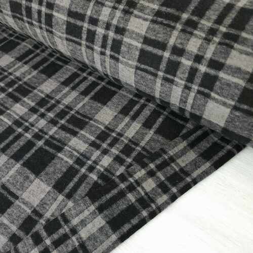 *REMNANT 63cm* European Cosy Stretch Cotton Knit Flannel, Plaid Pewter