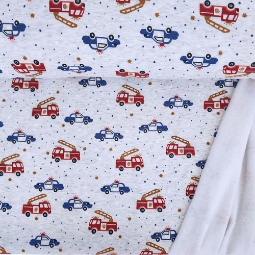 *REMNANT 140cm* European Alpine Fleece Sweater Knit, Emergency Vehicles Melange Pearl