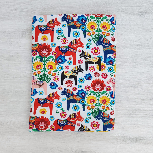 *REMNANT 104cm* European Cotton Elastane Jersey, GOTS Organic, Dala Horses
