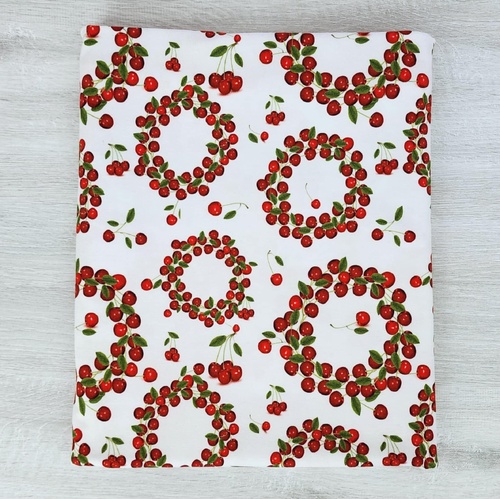 *REMNANT 124cm* European Cotton Elastane Jersey, GOTS Organic, Cherry Wreaths White