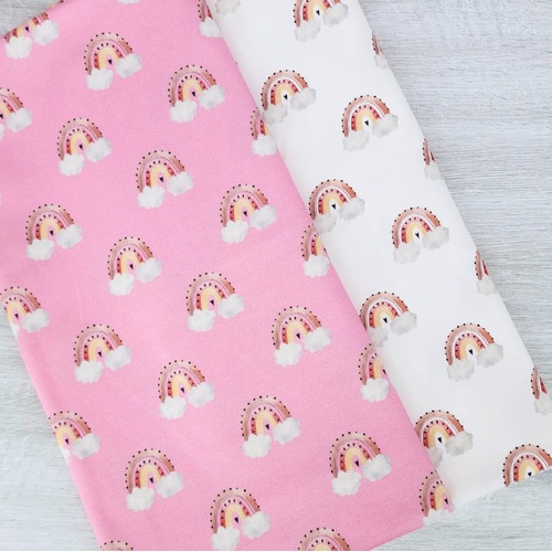 *2 PIECE BUNDLE DEAL* European Cotton Elastane Jersey, Oeko-Tex, Rainbow Clouds Pink & Vanilla