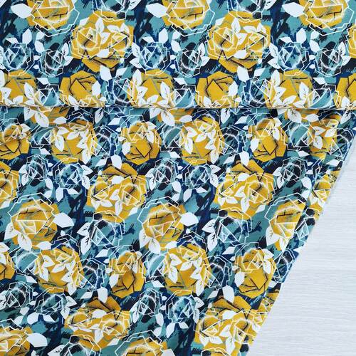 *REMNANT 70cm* European Knit, Oeko-Tex French Terry, Geometric Roses Light Eucalypt/Light Ochre