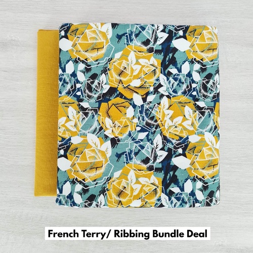 *2 PIECE BUNDLE DEAL* European Knit, Oeko-Tex French Terry, Geometric Roses Light Eucalypt/Light Ochre & Light Ochre Fine Ribbed Ribbing