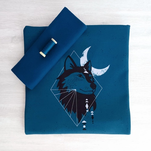 *3 PIECE BUNDLE DEAL* European Knit, Oeko-Tex French Terry, Wolfmoon Panel 96cm, Prussian Blue Ribbing & Thread