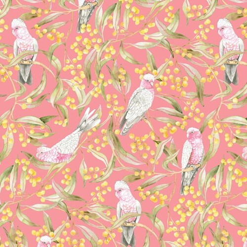 *REMNANT 129cm* KK Fabrics, Forest Wonders, Golden Wattle, Galahs & Gold Wattle Pink