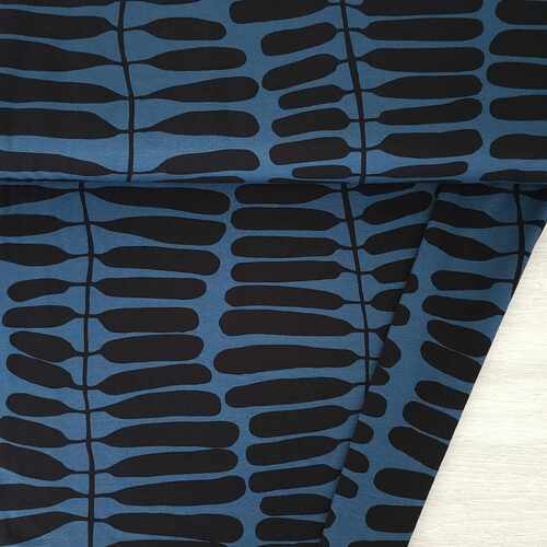 *REMNANT 48cm* European Cotton Elastane Jersey, Oeko-Tex, Black Twigs Blue