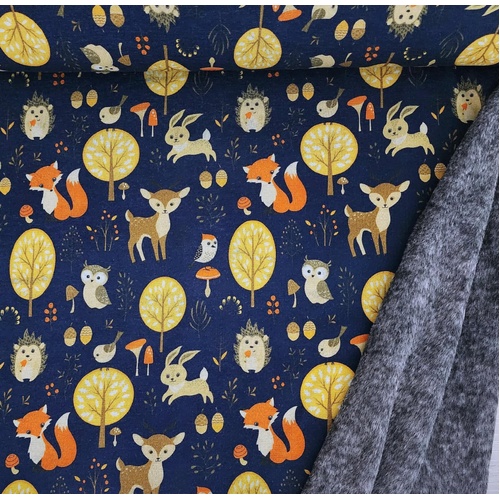 *2 PIECE REMNANT* European Alpine Fleece Sweater Knit, Forest Animals Navy