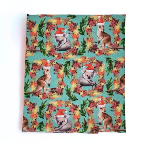 *REMNANT 89cm* KK Fabrics, Unalloyed Aussie Christmas, Kangaroo & Koala Aqua