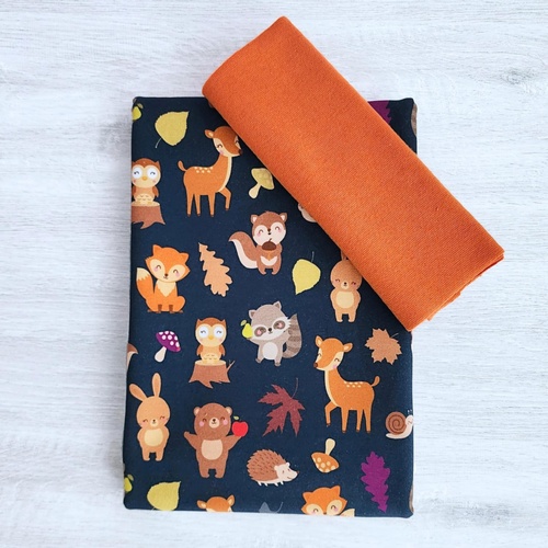 *2 PIECE REMNANT BUNDLE* European Knit, Oeko-Tex French Terry, Animal Friends Dark Peacock & New Orange Ribbing