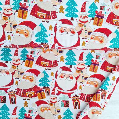 *REMNANT 52cm* European Cotton Elastane Jersey, GOTS Organic, Santa & Snowman White