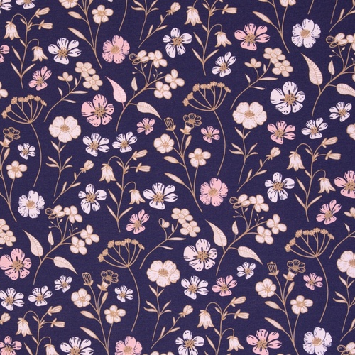 European Modal/Cotton Blend Elastane French Terry Knit, Scattered Flowers Violet/Pink