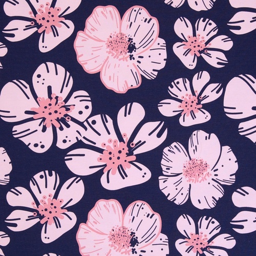 European Modal/Cotton Blend Elastane French Terry Knit, Hibiscus Pink/Dark Blue