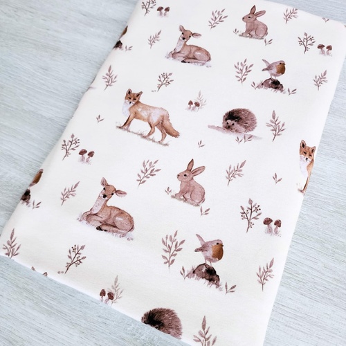 *REMNANT 126cm* European Cotton Elastane Jersey, Oeko-Tex, Forest Friends Cream