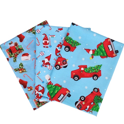 *3 PIECE XMAS BUNDLE DEAL* Tossed Merry Gnomes Blue, Holiday Gnome Trucks Blue & New Year Allover Blue