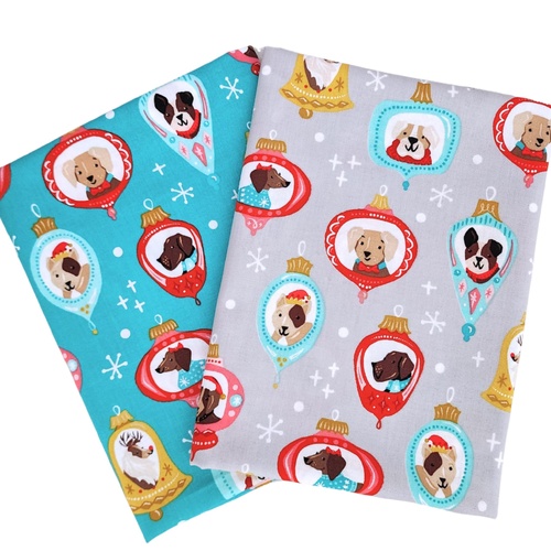 *2 PIECE XMAS BUNDLE DEAL* Andover Fabrics, Furry & Bright, Dog Ornaments Grey & Teal