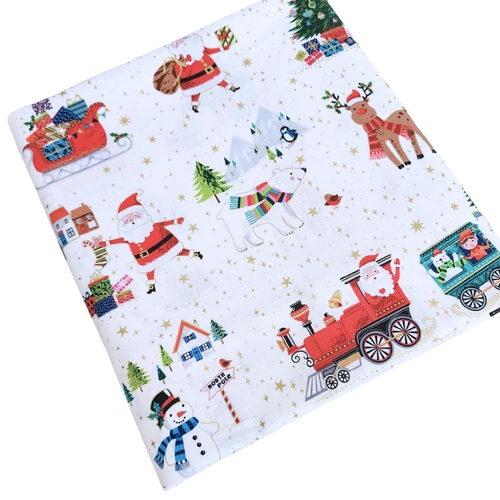*REMNANT 138cm* Makower UK, Santa Express, Placement White Metallic