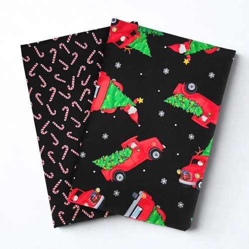 *2 PIECE XMAS BUNDLE* Benartex Fabrics, Merry Gnomeville, Holiday Gnome Trucks Black & Candy Cane Black