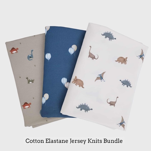 *3 PIECE BUNDLE DEAL* European Cotton Elastane Jersey, Oeko-Tex, Baby Dino Green, Pearl & Hot Air Balloons