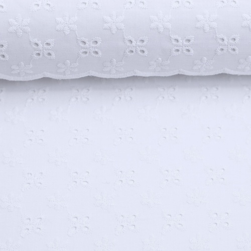 European Broderie Anglaise Cotton, Dainty Flowers Bright White