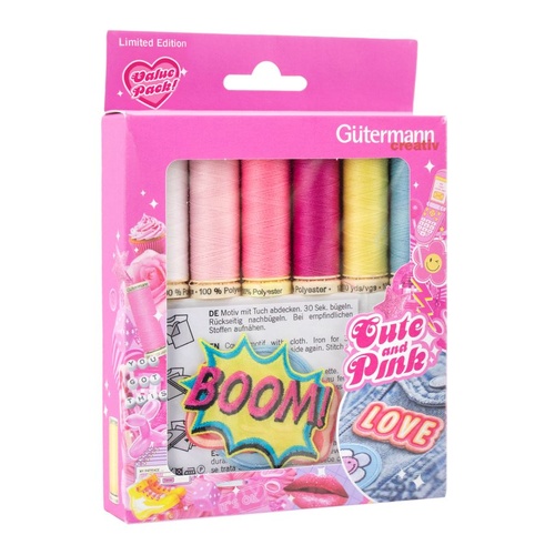 Gutermann, Sewing 6 Spool Thread Set & Iron-On Applications- Cute and Pink Limited Edition