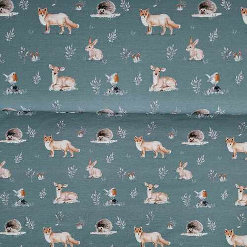 *REMNANT 102cm* European Cotton Elastane Jersey, Oeko-Tex, Forest Friends Steel Teal