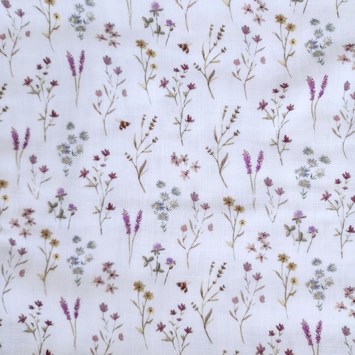 European 'Linen Look' Cotton Double Muslin, Oeko-Tex, Lavender Meadow White