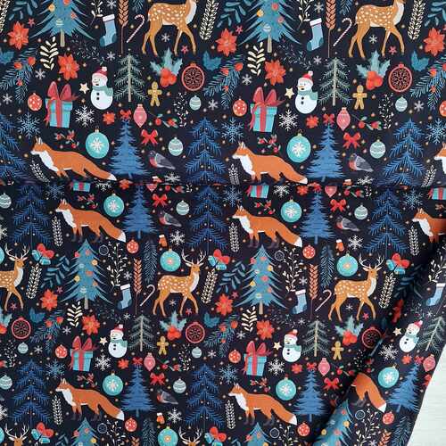 *REMNANT 144cm* European Cotton Elastane Jersey, GOTS Organic, Christmas Animals Black