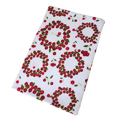 *REMNANT 120cm* European Cotton Elastane Jersey, GOTS Organic, Cherry Wreaths White
