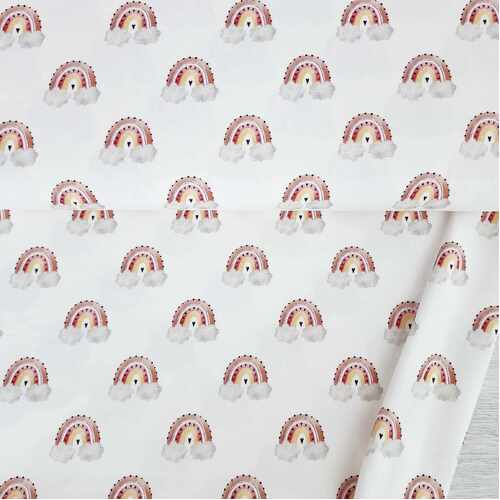 *REMNANT 125cm* European Cotton Elastane Jersey, Oeko-Tex, Rainbow Clouds Vanilla