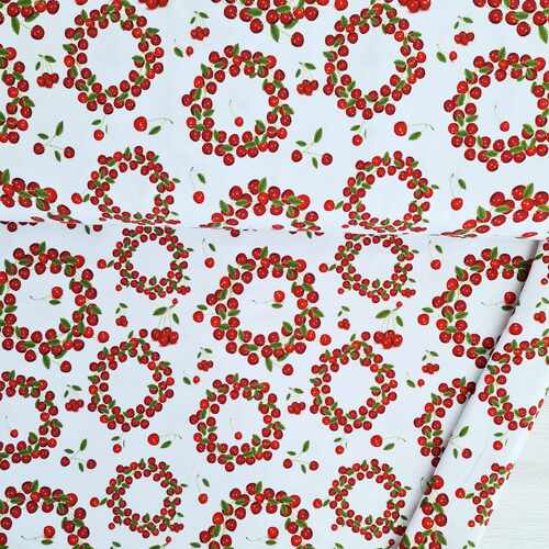 *REMNANT 60cm* European Cotton Elastane Jersey, GOTS Organic, Cherry Wreaths White