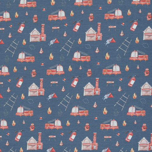 *REMNANT 136cm* European Cotton Elastane Jersey, Oeko-Tex, Fire Trucks Blue