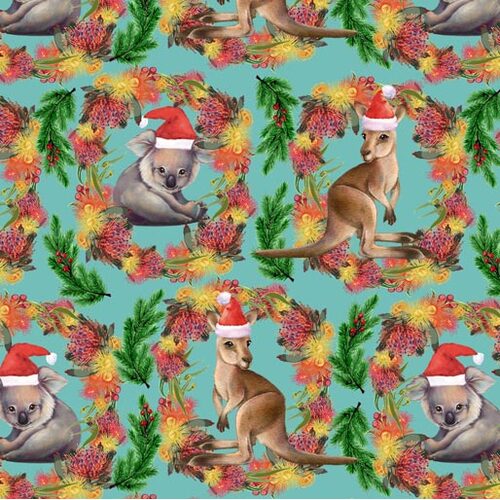 *REMNANT 45cm* KK Fabrics, Unalloyed Aussie Christmas, Kangaroo & Koala Aqua