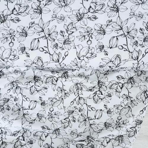 *REMNANT 58cm* European Cotton Elastane Jersey, GOTS Organic, Sketched Flora Black