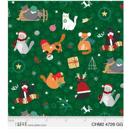 *REMNANT 145cm* P&B Textiles, Christmas Miniatures II, Cats in Green