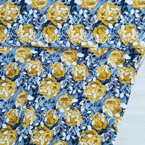 *REMNANT 93cm* European Knit, Oeko-Tex French Terry, Geometric Roses Blue Grey/Light Ochre