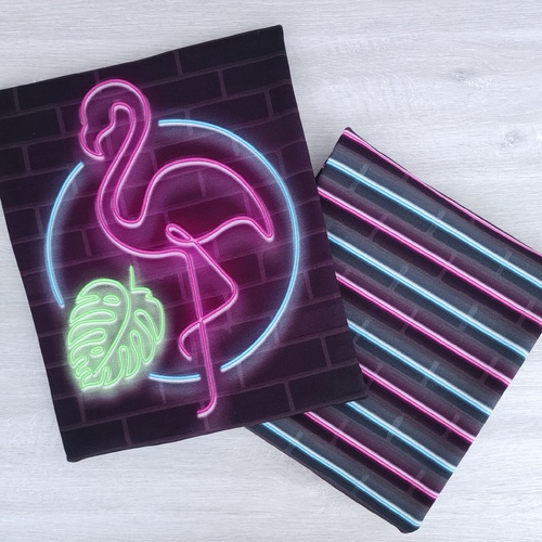 *2 PIECE BUNDLE DEAL* European Knit, French Terry, Oeko-Tex, Glow Flamingos Panel 74cm & Glow Stripes Bright Pink/Light Blue