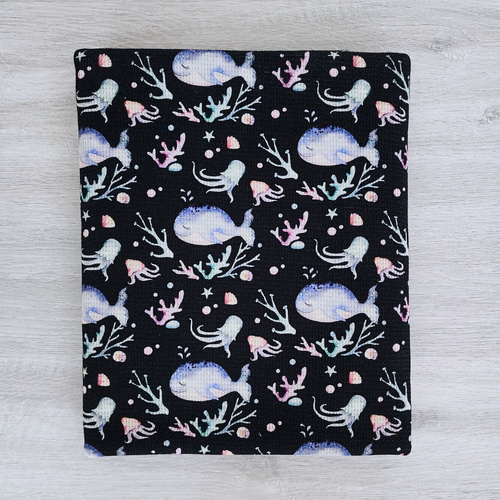 *REMNANT 120cm* European Waffle Knit, Oeko-Tex, Deep Sea Whales, Dark Navy