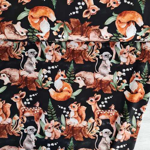 *REMNANT 89cm* European Cotton Elastane Jersey, GOTS Organic, Forest Friends Black